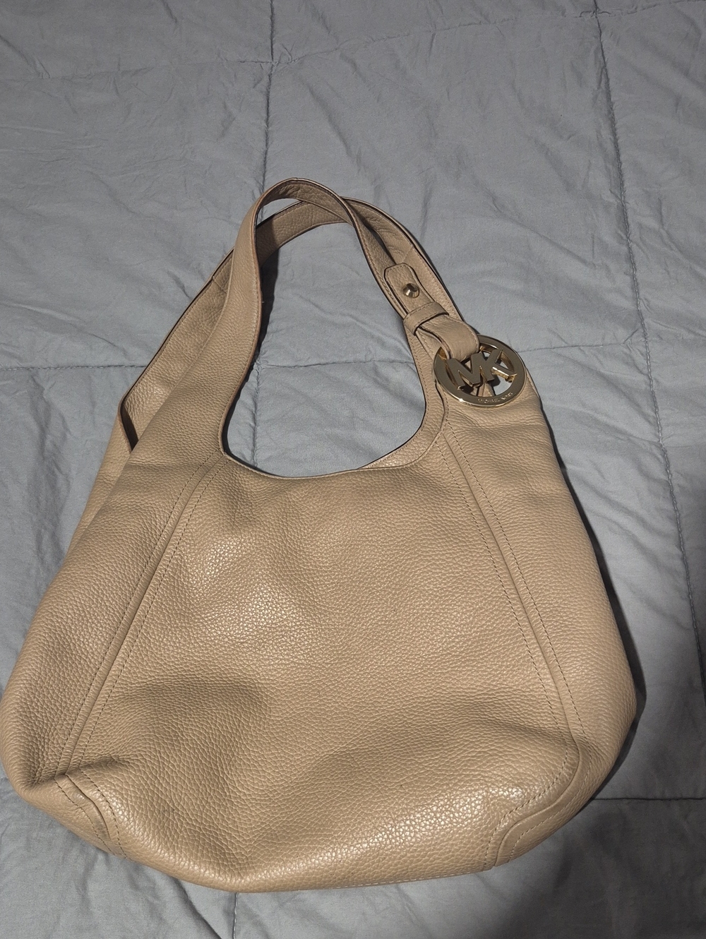 Michael Kors Tan Pebbled Leather Hobo with Gold MK Charm